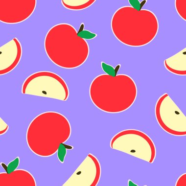 Sorunsuz yeşil arka plan deseni komik karikatür kırmızı elma ile