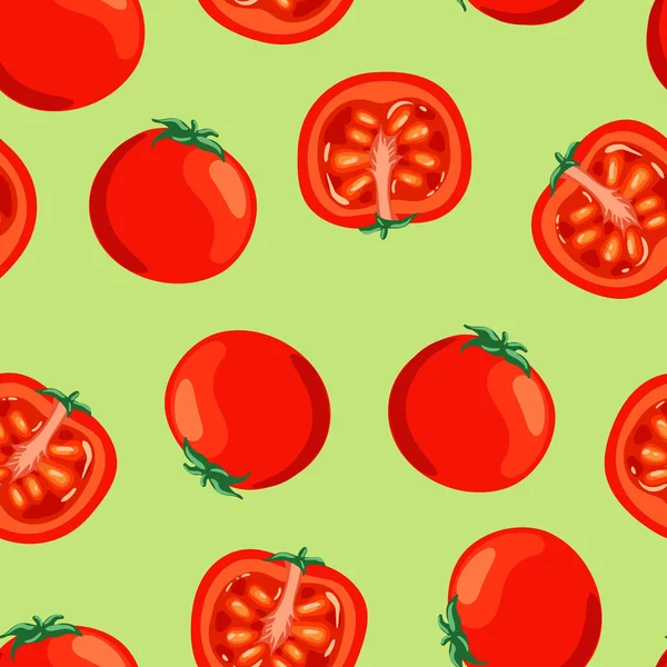 Fond vert sans couture avec un motif de tomates rouges saines juteuses — Image vectorielle