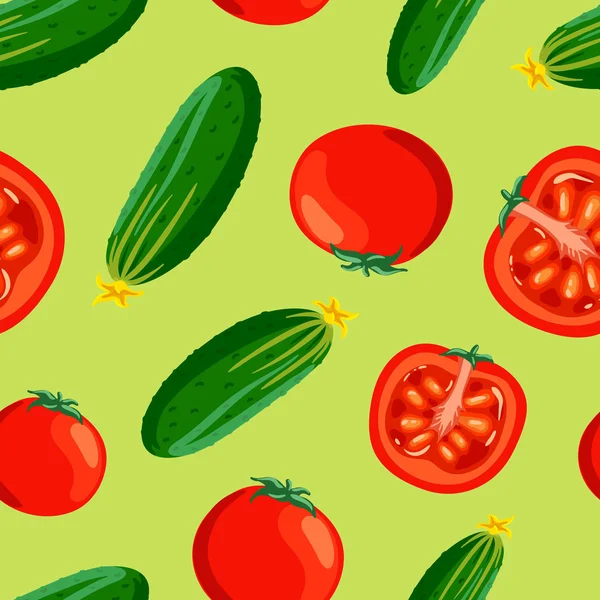 Naadloze groene achtergrond met een patroon van sappige gezonde rode tomaten en groene komkommer — Stockvector