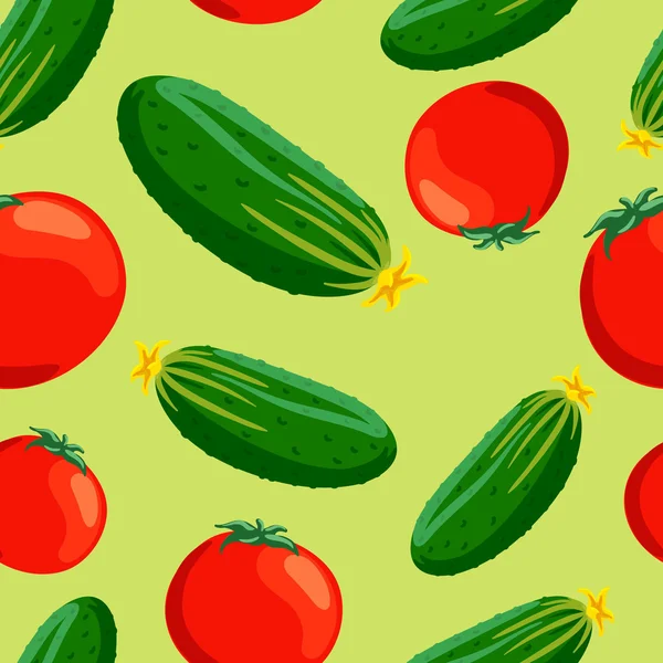 Fundo verde sem costura com um padrão de tomates vermelhos saudáveis suculentos e pepino verde —  Vetores de Stock