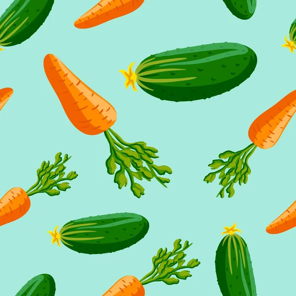 Fondo verde sin costuras con un patrón de jugosa zanahoria naranja saludable y pepino verde — Vector de stock