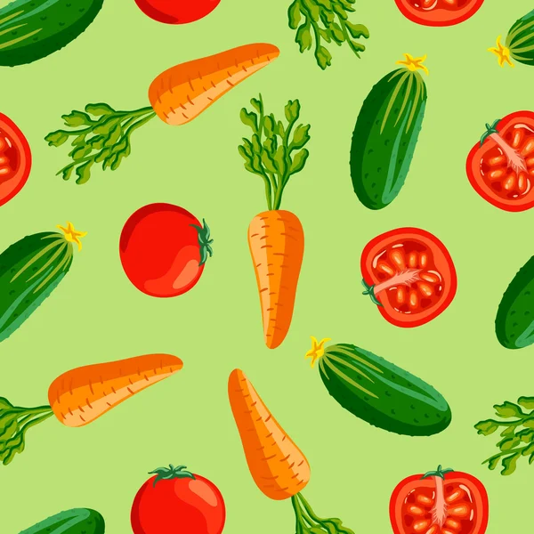 Fond vert sans couture avec un motif de tomates rouges saines juteuses, carotte orange et concombre vert — Image vectorielle