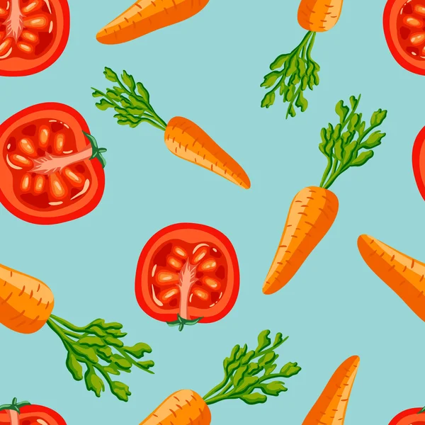 Fondo sin costuras con un patrón de jugosos tomates rojos sanos, zanahoria naranja — Vector de stock