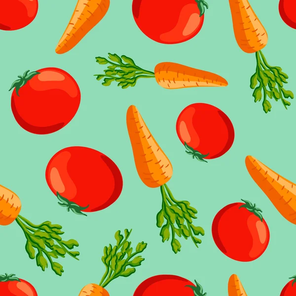 Fond sans couture avec un motif de tomates rouges saines juteuses, carotte orange — Image vectorielle