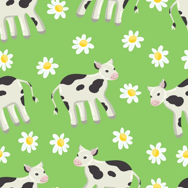 ●明るく白黒の斑点子牛を描いた模様のシームレスな緑の背景。ヒナギクの畑 — ストックベクタ