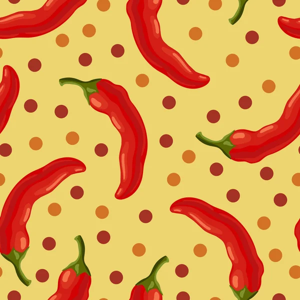 Seamless background with a pattern of hot delicious fresh red chilli with red and orange dots — Stock Vector