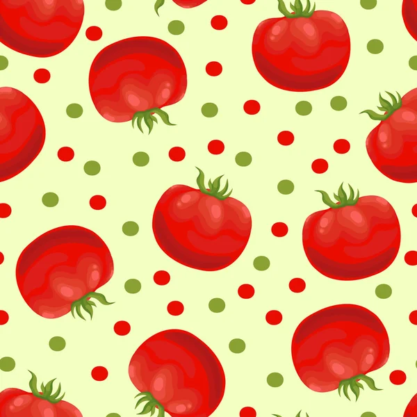 Fondo sin costuras con un patrón de tomates rojos maduros jugosos y puntos coloridos — Vector de stock