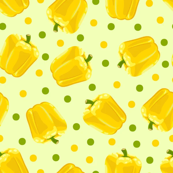 黄色と緑のドットとおいしい熟した黄色のコショウのパターンを持つシームレスな背景 — ストックベクタ