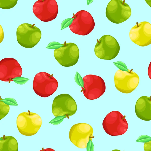 Fondo sin costuras con un patrón de deliciosas manzanas frescas maduras amarillas, rojas y verdes con hojas — Vector de stock