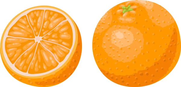 Saftige frische Orange und in Scheiben geschnittene Orange. isoliert — Stockvektor