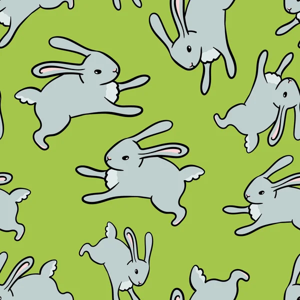 Seamless green background with a pattern of cute gray rabbit — Stock Vector