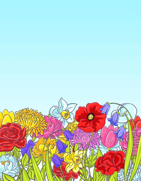 Hintergrund für Grußkarte mit Nelke, Calla, Glockenblume, Mohn, Narzisse, Chrysantheme, Rose, Pfingstrose und Tulpe — Stockvektor