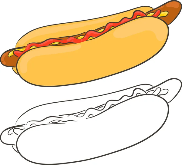 Hot dog avec saucisse, ketchup et moutarde. Ensemble isolé — Image vectorielle