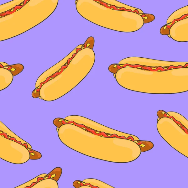 Seamless background with a pattern of hot dog with sausage, ketchup and mustard — Stock Vector