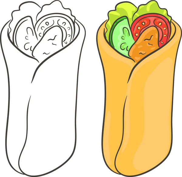 Delicious fresh shawarma with chicken, tomato, cucumber and cabbage salad. Isolated set