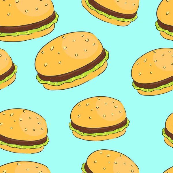Sfondo senza cuciture con un modello di hamburger con carne e insalata — Vettoriale Stock