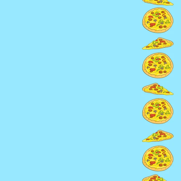 Sömlös bakgrund med ett mönster av pizza med ost, tomater, champinjoner, korv och paprika — Stock vektor