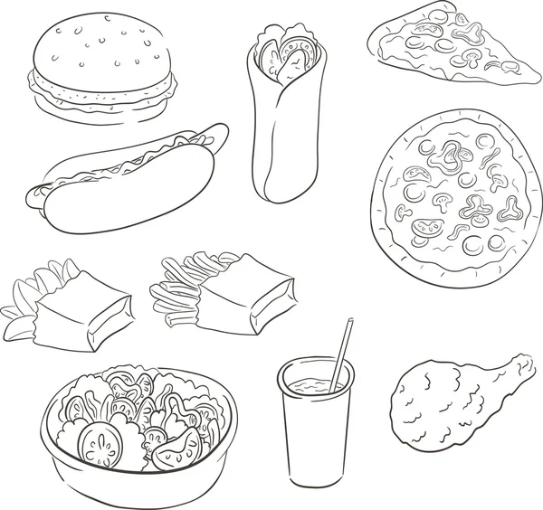 Conjunto aislado de pollo frito, ensalada con repollo, tomates, pepinos y pimientos, soda, shawarma, hot dog, hamburguesa, papa francesa, pizza. Comida rápida — Vector de stock