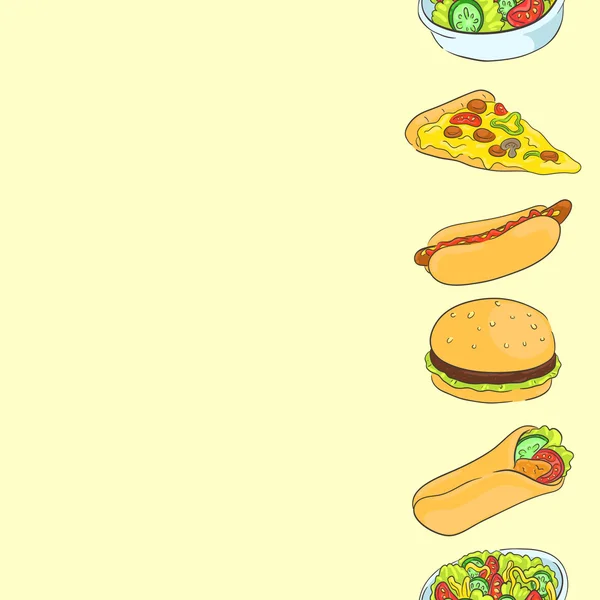 Fond sans couture avec un motif de salade avec chou, tomates, concombres et poivrons, shawarma, hot dog, hamburger, pizza. Restauration rapide — Image vectorielle