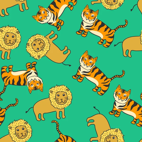 재미있는 만화 사자와 호랑이의 패턴과 원활한 배경 — 스톡 벡터