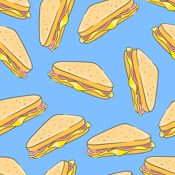 Sömlös bakgrund med ett mönster av smörgås med ost och skinka — Stock vektor