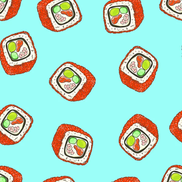 Fondo sin costuras con un patrón de rollo de sushi de Filadelfia con caviar, queso, arroz, nori, carne de cangrejo, aguacate, pepino y salmón — Vector de stock