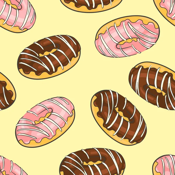 Fundo sem costura com um padrão de delicioso donut fresco com cobertura de morango e chocolate —  Vetores de Stock