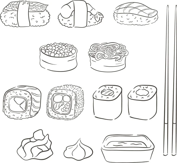필라델피아는 캐비어, 게, 아보카도, 오이, 연어, 미역과 초밥, 장어, 붉은 캐비어, 새우, 롤 캘리포니아와 롤 롤 롤롤롤. 간장, 젓가락, 와사비, 생강 절임. 격리 — 스톡 벡터