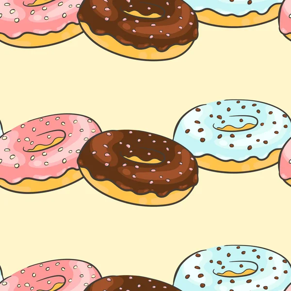 Fundo sem costura com um padrão de deliciosos donuts frescos com chocolate, morango e cobertura de baunilha —  Vetores de Stock