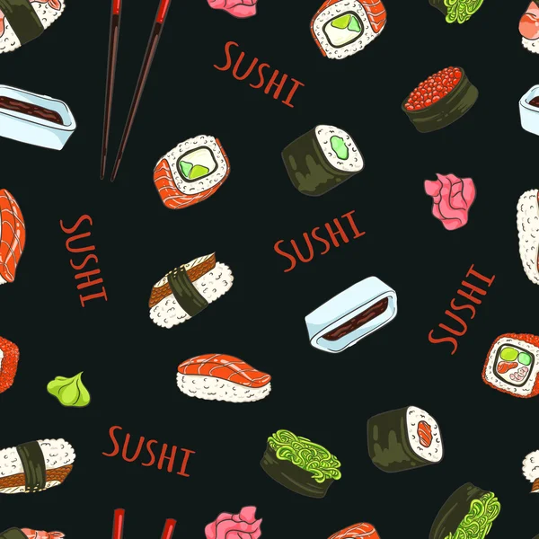 Havyar, yengeç, avokado, salatalık, somon, wakame ile suşi, kızak, kırmızı havyar, karides, soya sosu, yemek çubukları, wasabi, zencefil turşusu ile Philadelphia, California rulo Dikişsiz desen