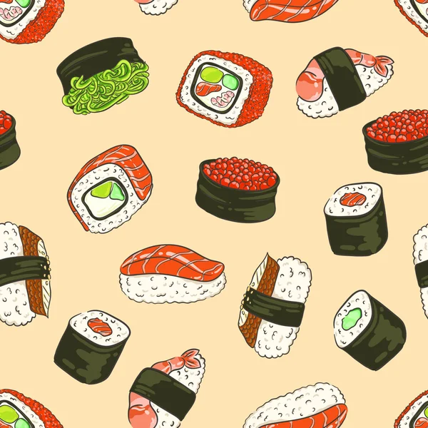 Fondo sin costuras con un patrón de rollo de Filadelfia con caviar, cangrejo, aguacate, pepino y salmón, sushi con hiyashi wakame, sushi con anguila, con caviar rojo, con un camarón, rollo California . — Vector de stock