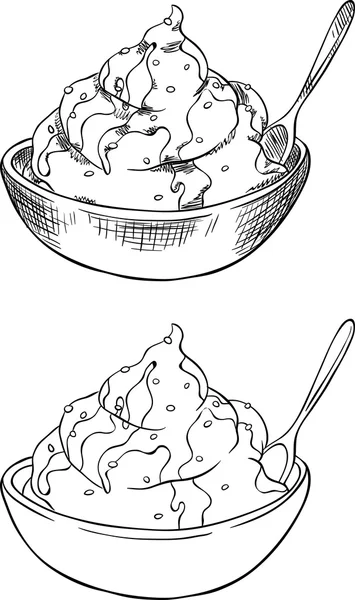 Ice cream with a topping of syrup in a bowl with a spoon. Isolated — Stock vektor