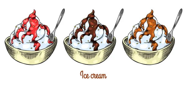 Ice cream with caramel, chocolate and strawberry toppings. Isolated with the inscription — Διανυσματικό Αρχείο