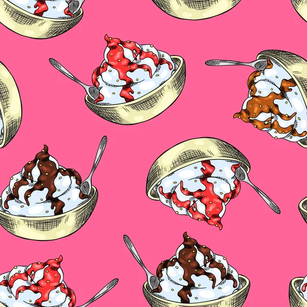 无缝背景图案的冰激淋与焦糖、 巧克力和草莓的顶部 — 图库矢量图片