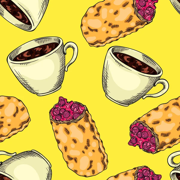 无缝背景图案的一杯咖啡和莓果馅饼 — 图库矢量图片