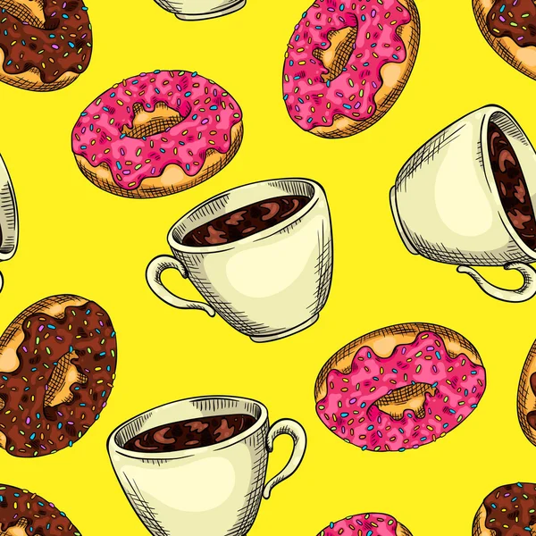 Fond sans couture avec un motif d'une tasse de café et beignets à la fraise et glaçage au chocolat — Image vectorielle