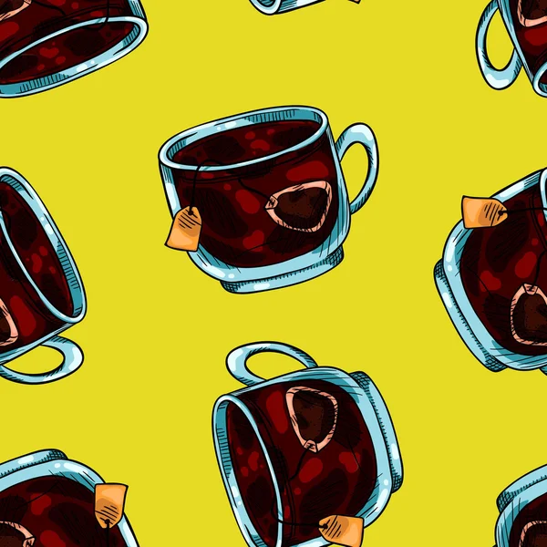 Безшовний фон з візерунком чорного чаю в прозорих чашках — стоковий вектор