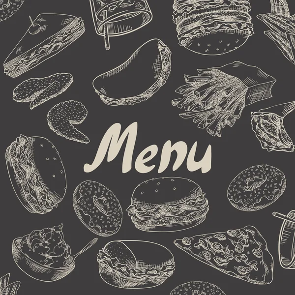 Couverture pour menu. Restauration rapide. Burgers, ailes de poulet frit, frites, beignets, sandwichs, wraps, pita, pizza, soda, glace . — Image vectorielle