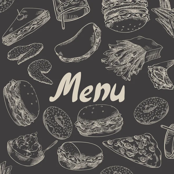 Menü için kapak. Fast food. Hamburger, kızarmış tavuk kanadı, patates kızartması, çörek, sandviç, sarma, pide, pizza, soda, dondurma.