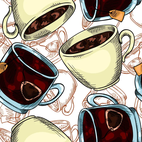 Nahtloser Hintergrund mit einem Muster von Tassen Tee und Kaffee — Stockvektor