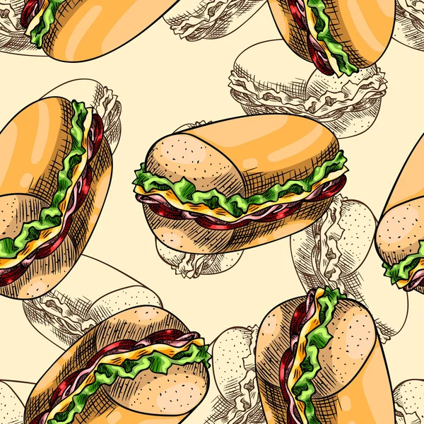 Fond sans couture avec un motif de sandwich — Image vectorielle