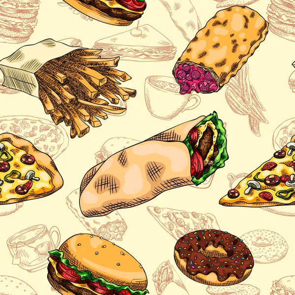 Fondo sin costuras con un patrón de comida rápida. Hamburguesa, pizza, perritos calientes, café, té, soda, agua mineral, pita, pollo frito, papas fritas, cuñas de papa, pastel de bayas dulces, rosquilla, sándwich — Vector de stock