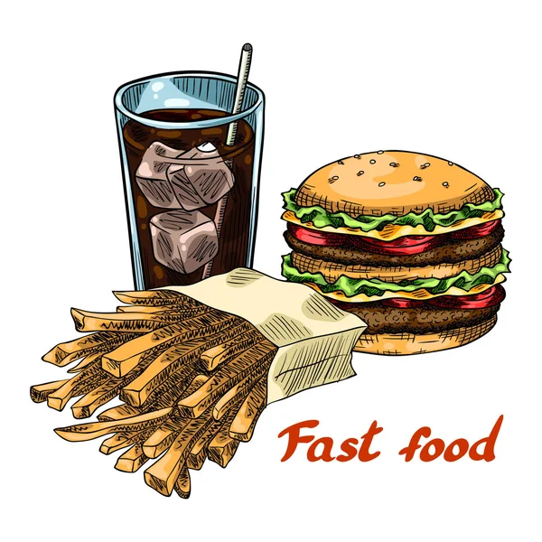 Comida rápida. Hamburguesa, papas fritas, refrescos — Vector de stock