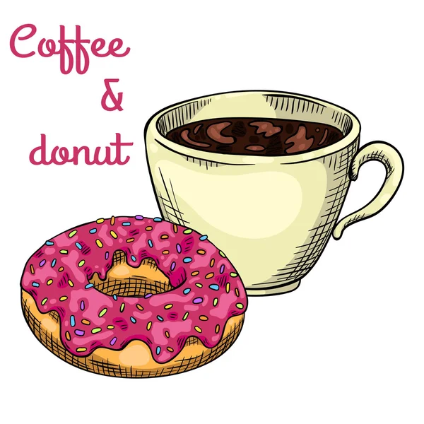 Eine Tasse Kaffee und ein Donut mit Erdbeerglasur — Stockvektor