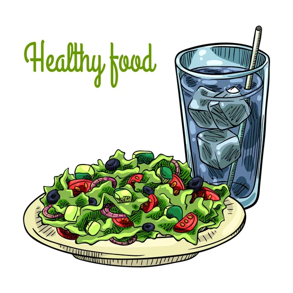 Makanan sehat. Salad sayuran dan air mineral dengan es - Stok Vektor
