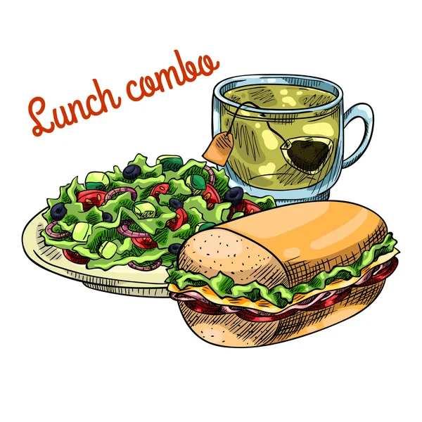 Comida rápida. Sandwich, ensalada de verduras y taza de té verde — Archivo Imágenes Vectoriales