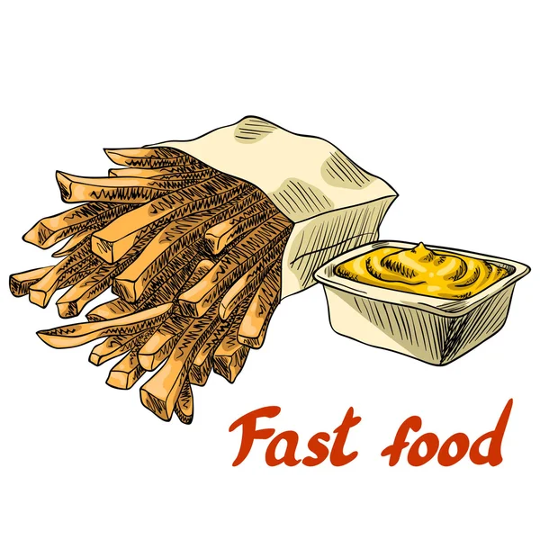 Comida rápida. Batatas fritas e molho de queijo —  Vetores de Stock