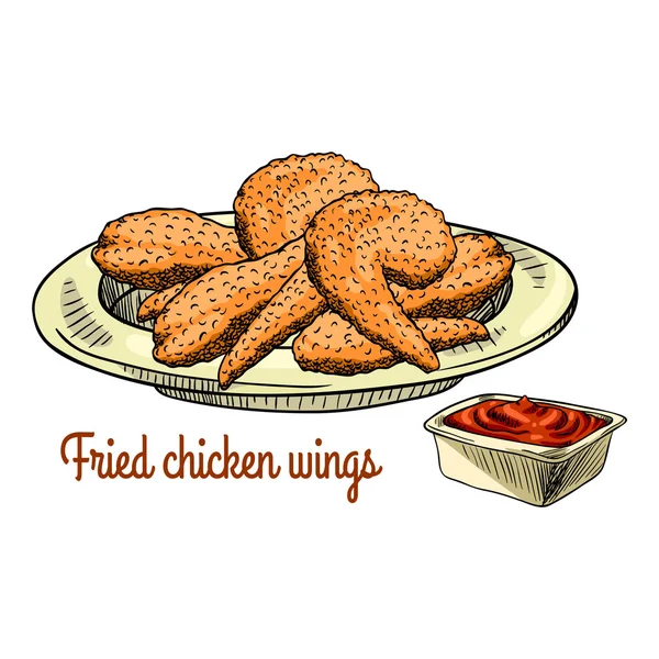 Sült csirke szárny, a lemez, és ketchup — Stock Vector