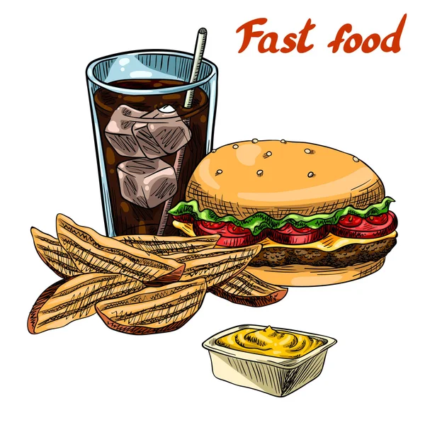 Fast food. Burger, cunei di patate e una soda con ghiaccio — Vettoriale Stock
