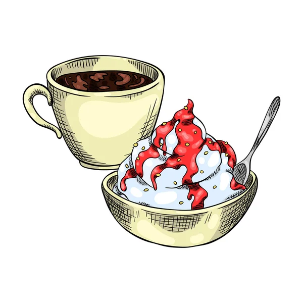 Καφές και παγωτό με το κάλυμμα φράουλα — Διανυσματικό Αρχείο
